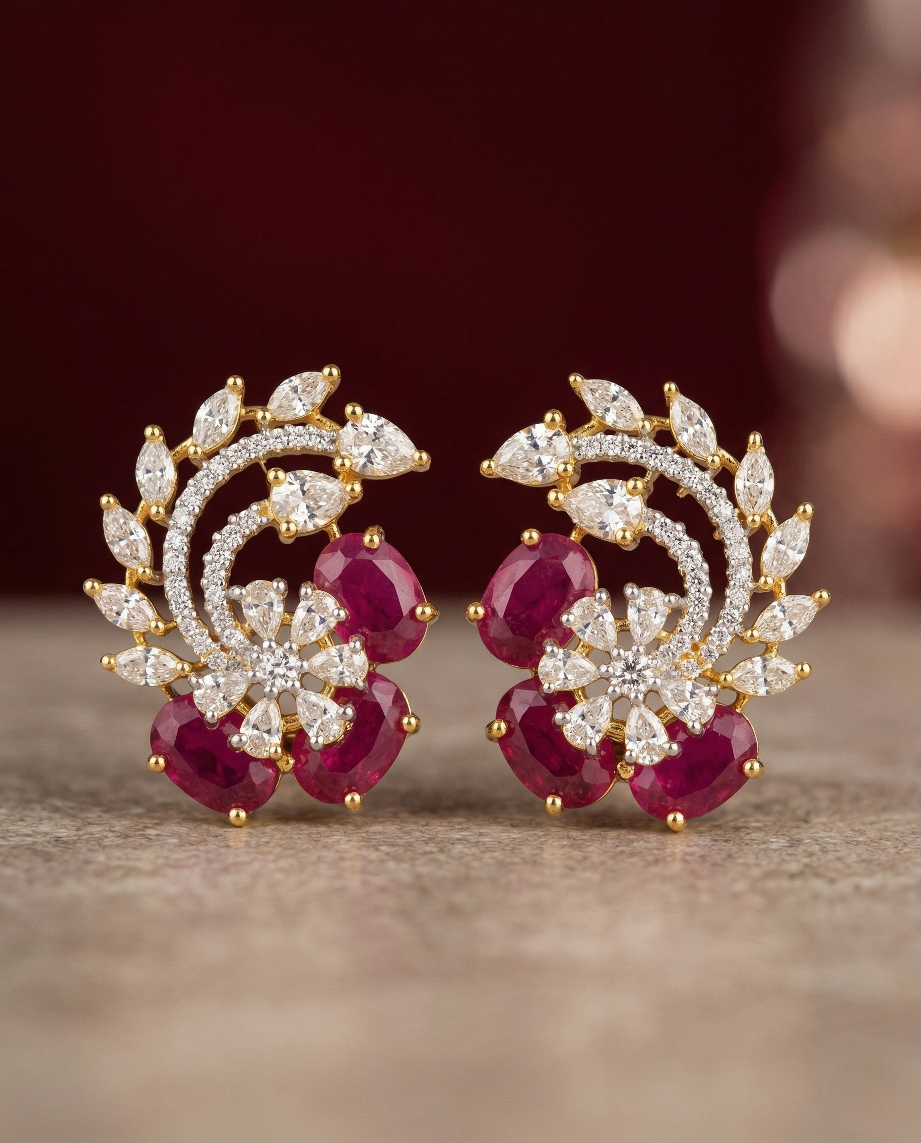 Premium Ruby &amp; Emerald Floral Diamond Statement Earrings for Women | Party Wear Designer Earrings