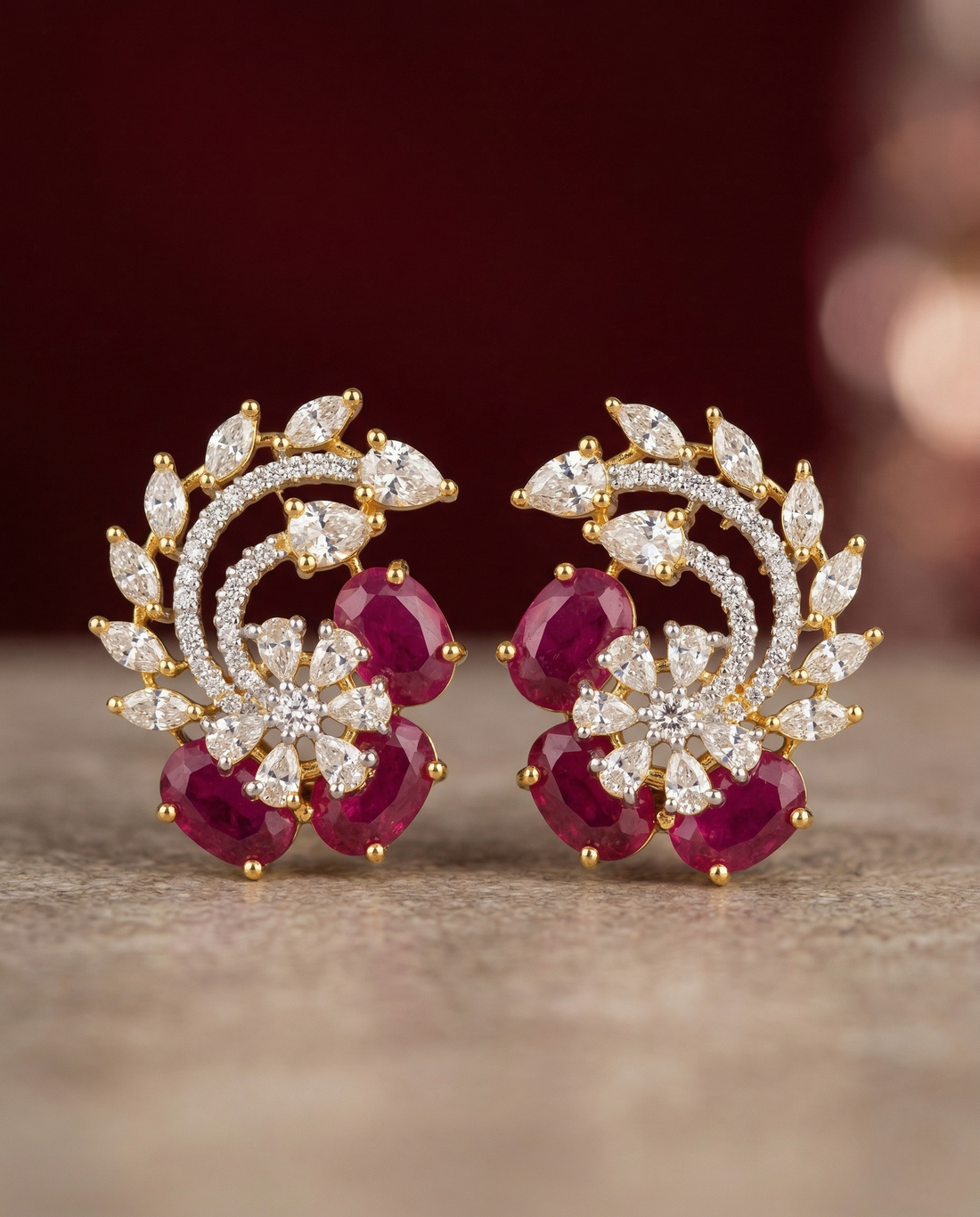 Premium Ruby &amp; Emerald Floral Diamond Statement Earrings for Women | Party Wear Designer Earrings