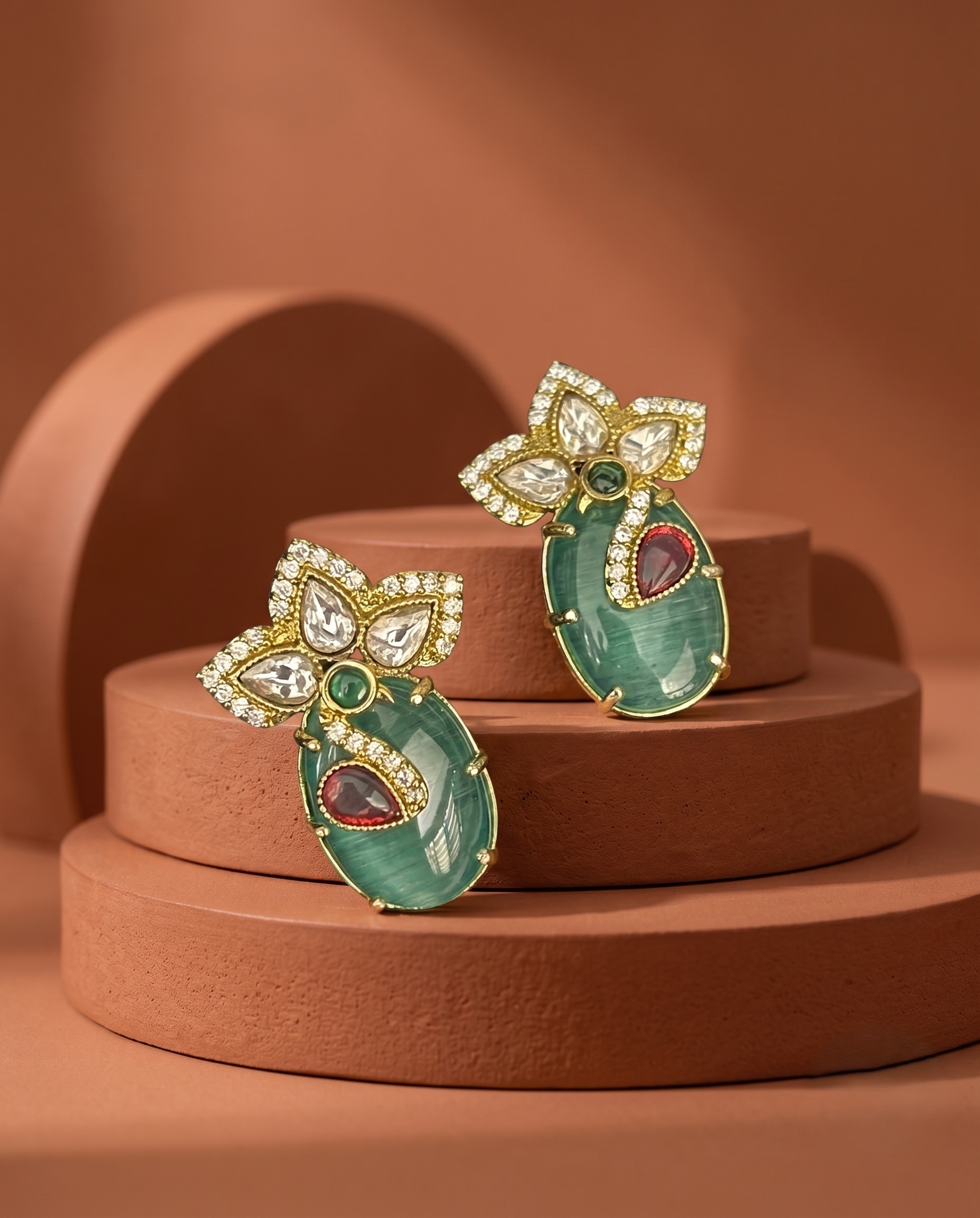 Polki Floral Top Cat Eye Drop Earrings with Oval Cabochon & Accent Stone Detailing (4 Color Variants) – Gold Finish