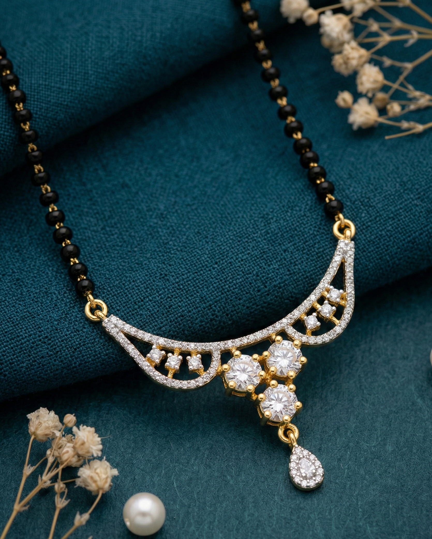 Designer Diamond-Style Mangalsutra with Curved Pendant & Floral Stud Earrings – Daily Wear