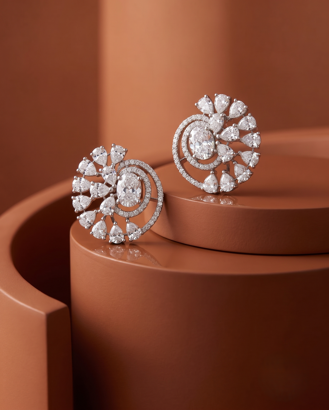 Premium Royal Spiral Bloom Earrings – White Polish Diamond Statement Design