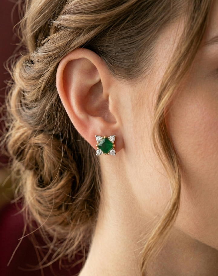 Premium Royal Square Studs – Gold Polish Diamond Stone Earrings