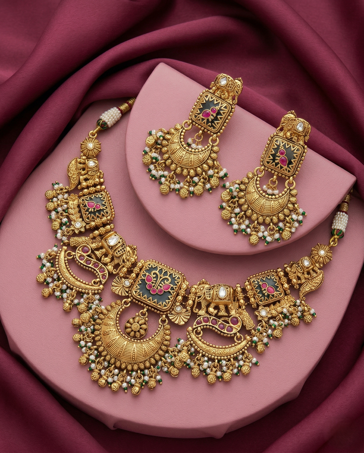 Premium Antique Finish Gold Plated Royal Elephant Motif Necklace Set with Pearl Drops