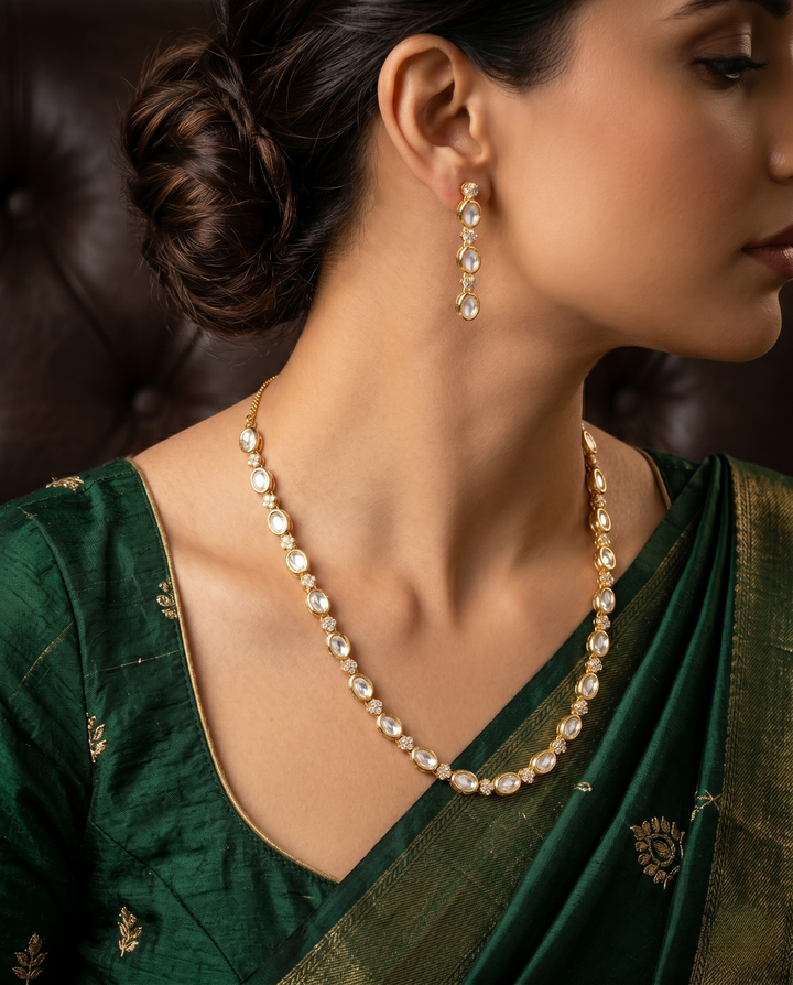 Elegant Kundan Necklace Set with Earrings – Minimal Gold Finish Jewellery