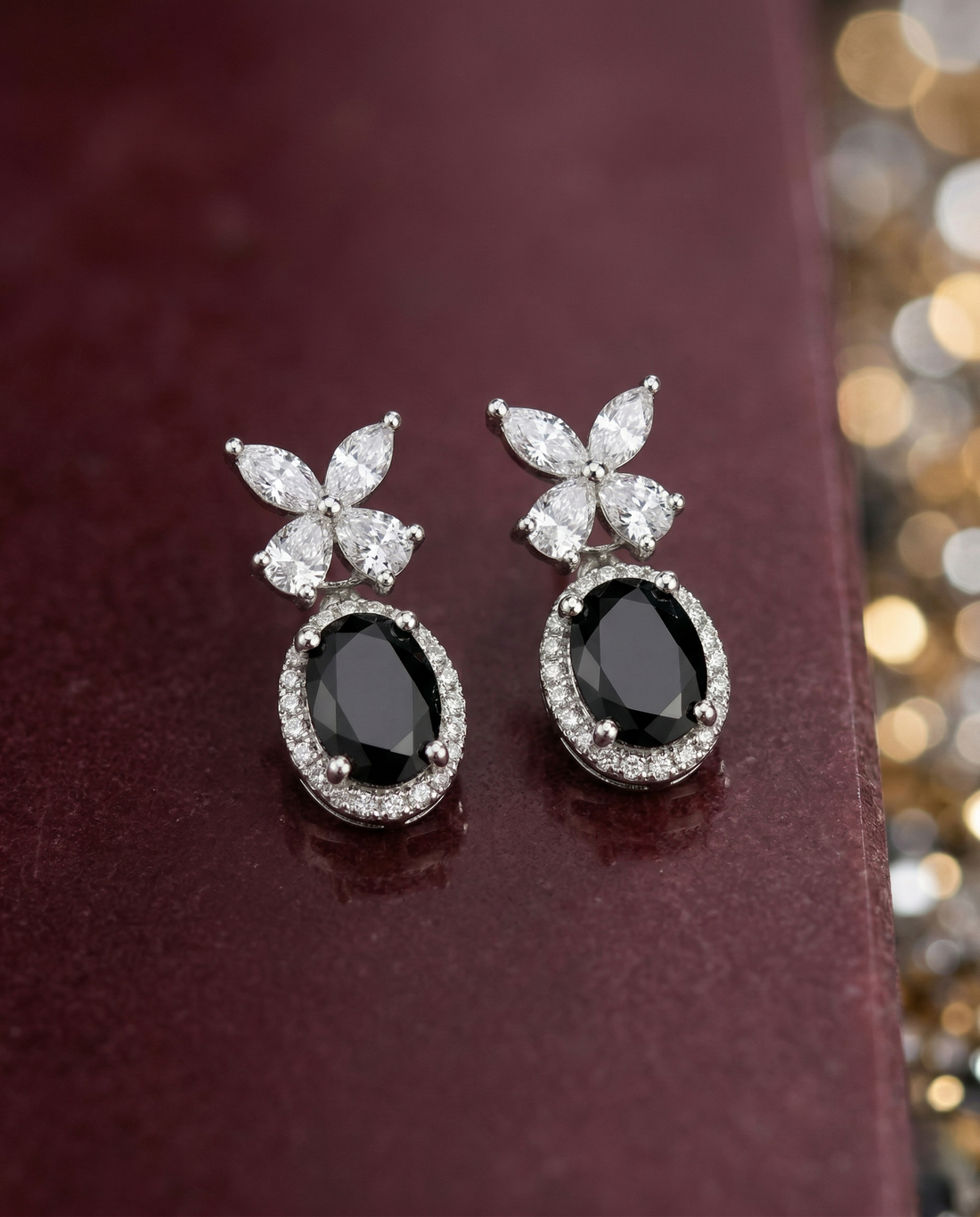 Veloura Bloom Drops – Floral Diamond Oval Earrings in Ruby, Black, White & Green