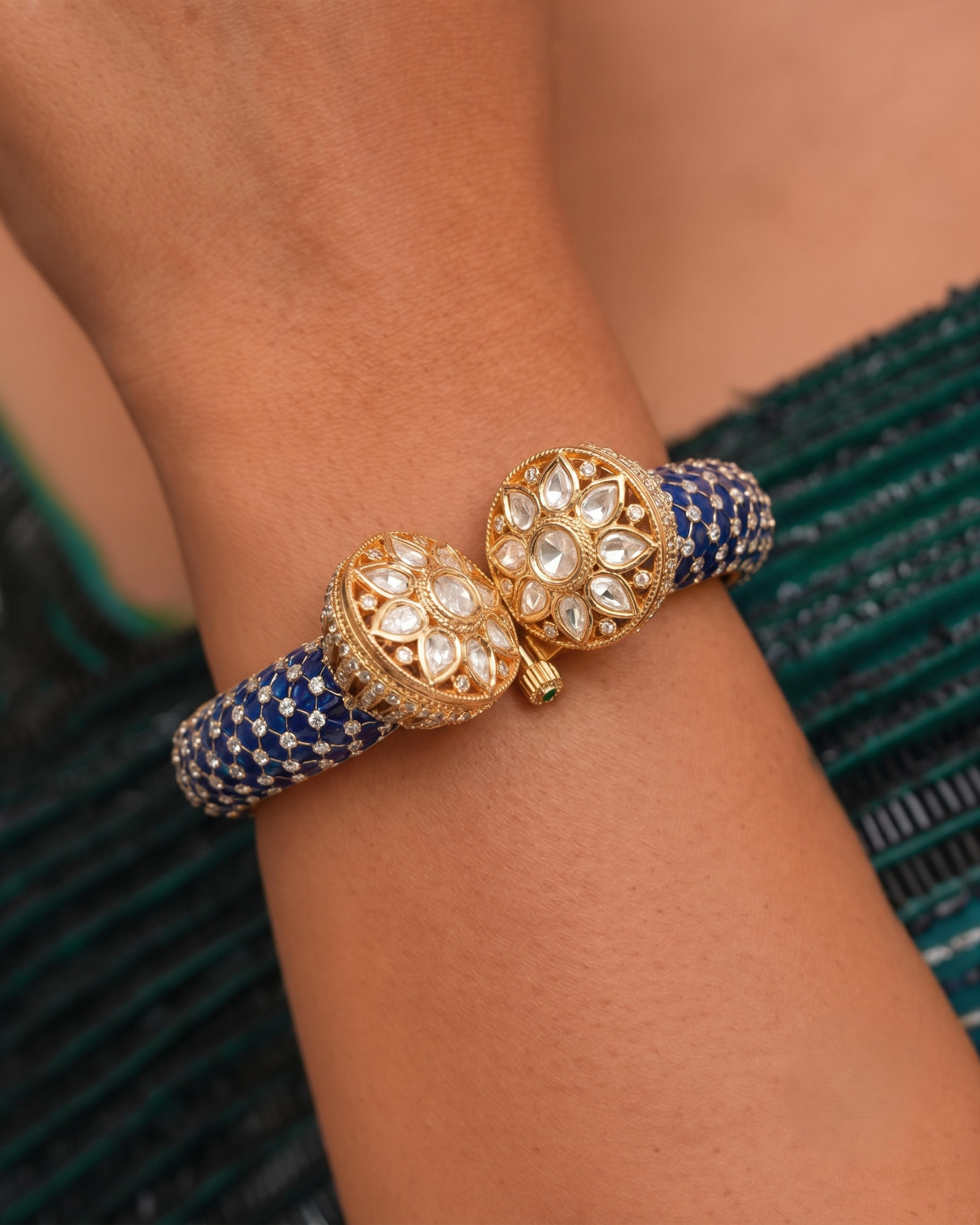 Royal Kundan Floral Openable Gold Plated Bracelet in Blue, Green & Ruby Finish
