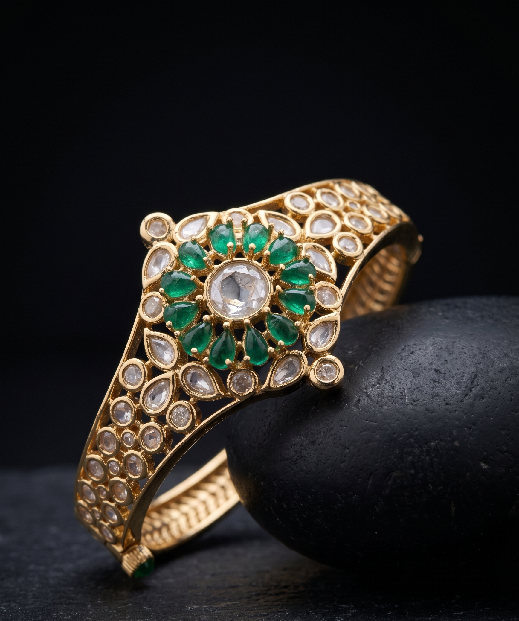 Pannika Green Stone Kundan  Floral Polki Style Oenable Bracelet  for Women