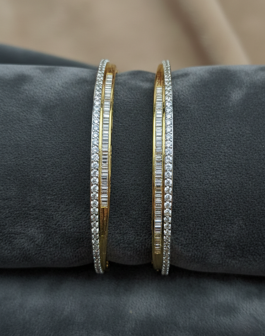 Dual Tone Diamond Finish Bangle Set for Women – Gold Polish with Baguette Detailing
