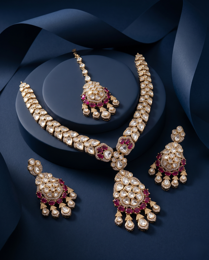 Mahira Emerald Green Moissanite Necklace Set with Earrings