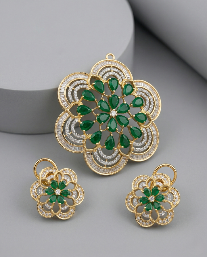 Premium Emerald Green Floral Pendant Set in Gold Tone