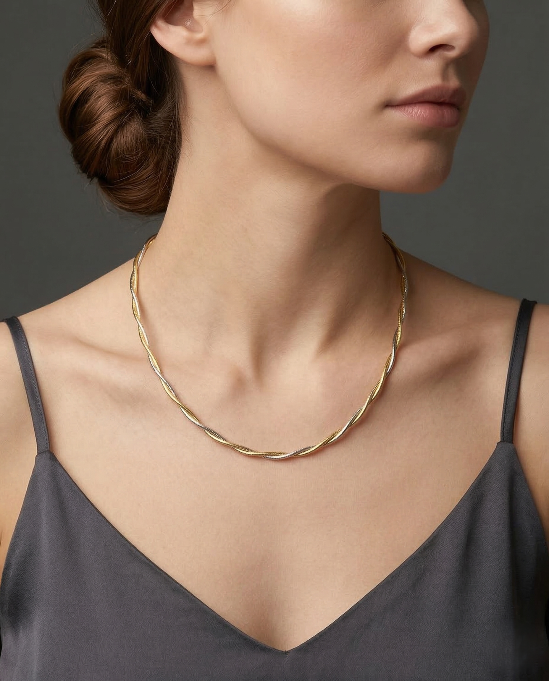 Dual Tone Gold & Silver Twisted Slinky Hasli Chain Necklace