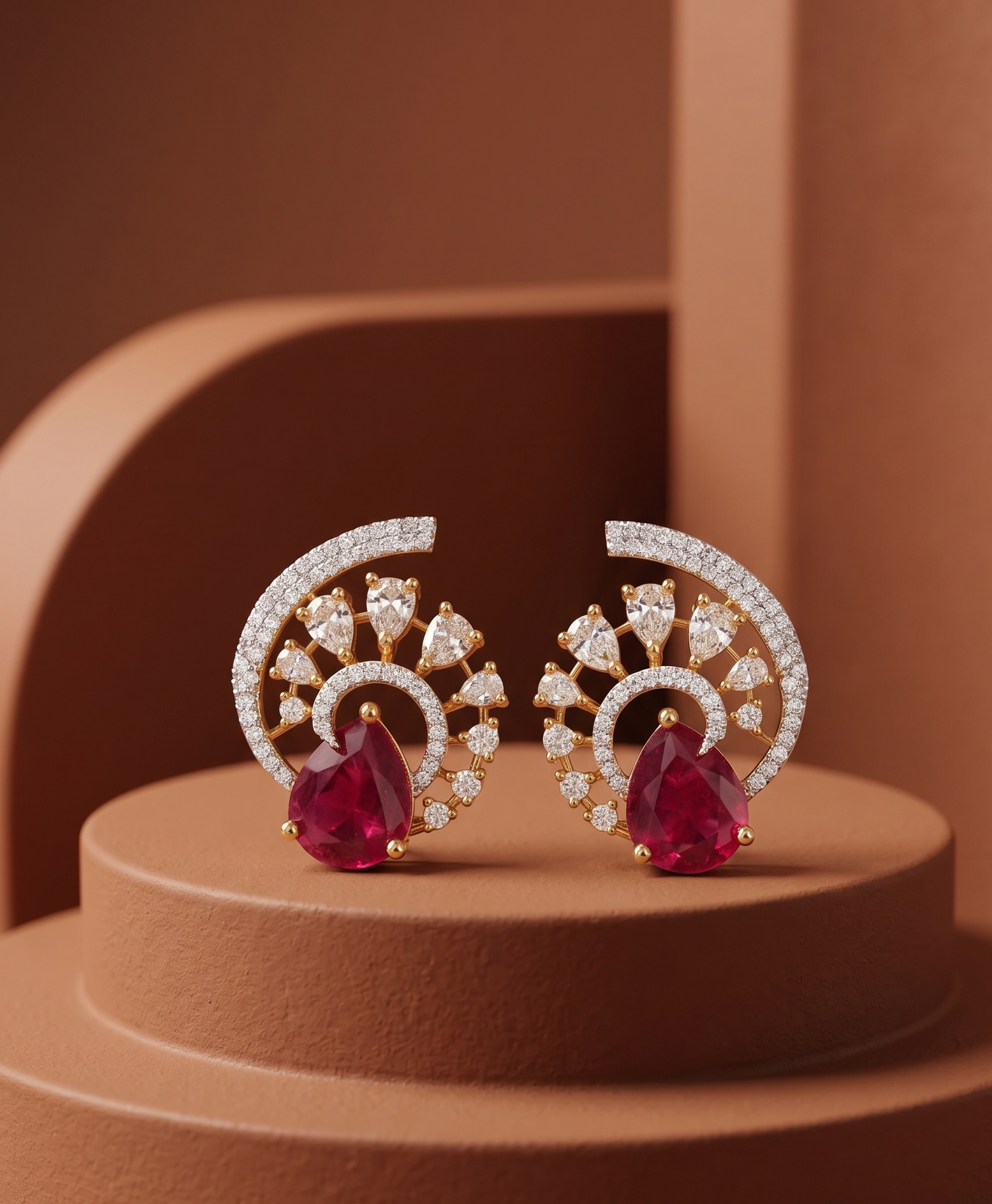 Premium Regal Spiral Drops – Gold Polish Diamond Statement Earrings