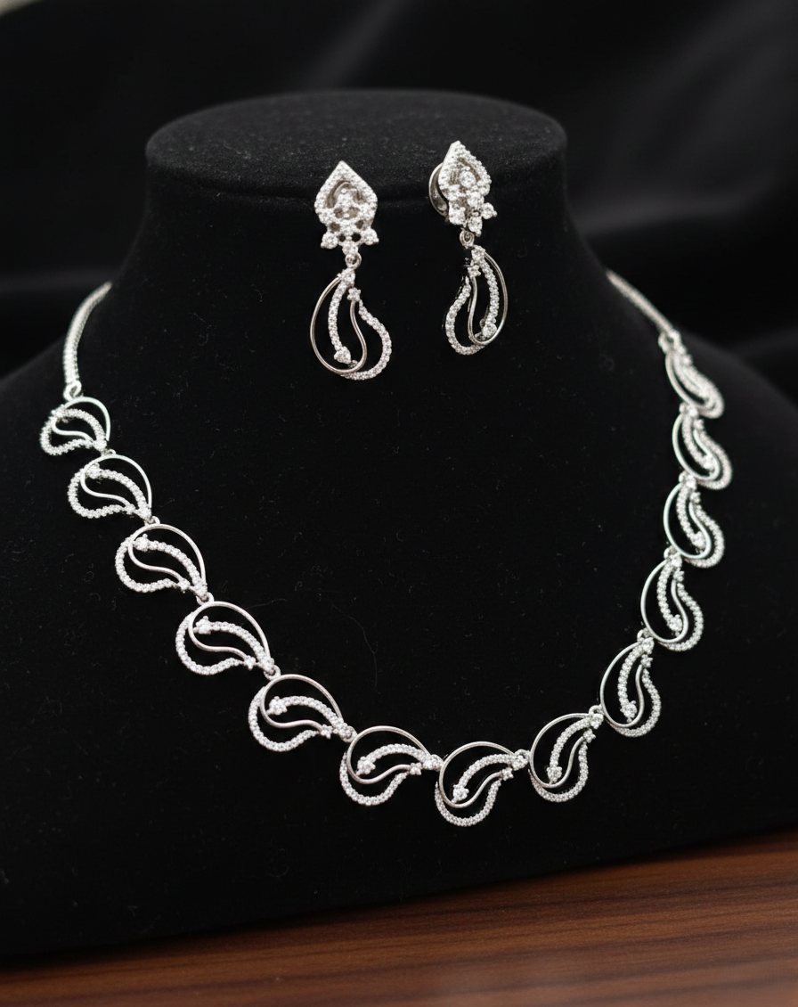 Wave Pattern Diamond Style Necklace Set with Matching Earrings
