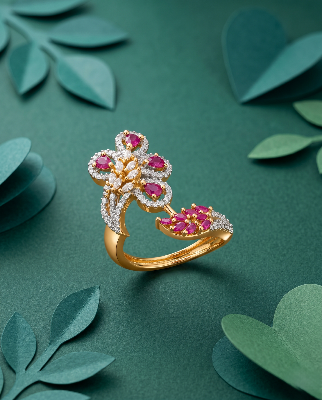 Royal Floral Stone Gold Plated Adjustable Ring (Ruby Red, Diamond White, Emerald Green)
