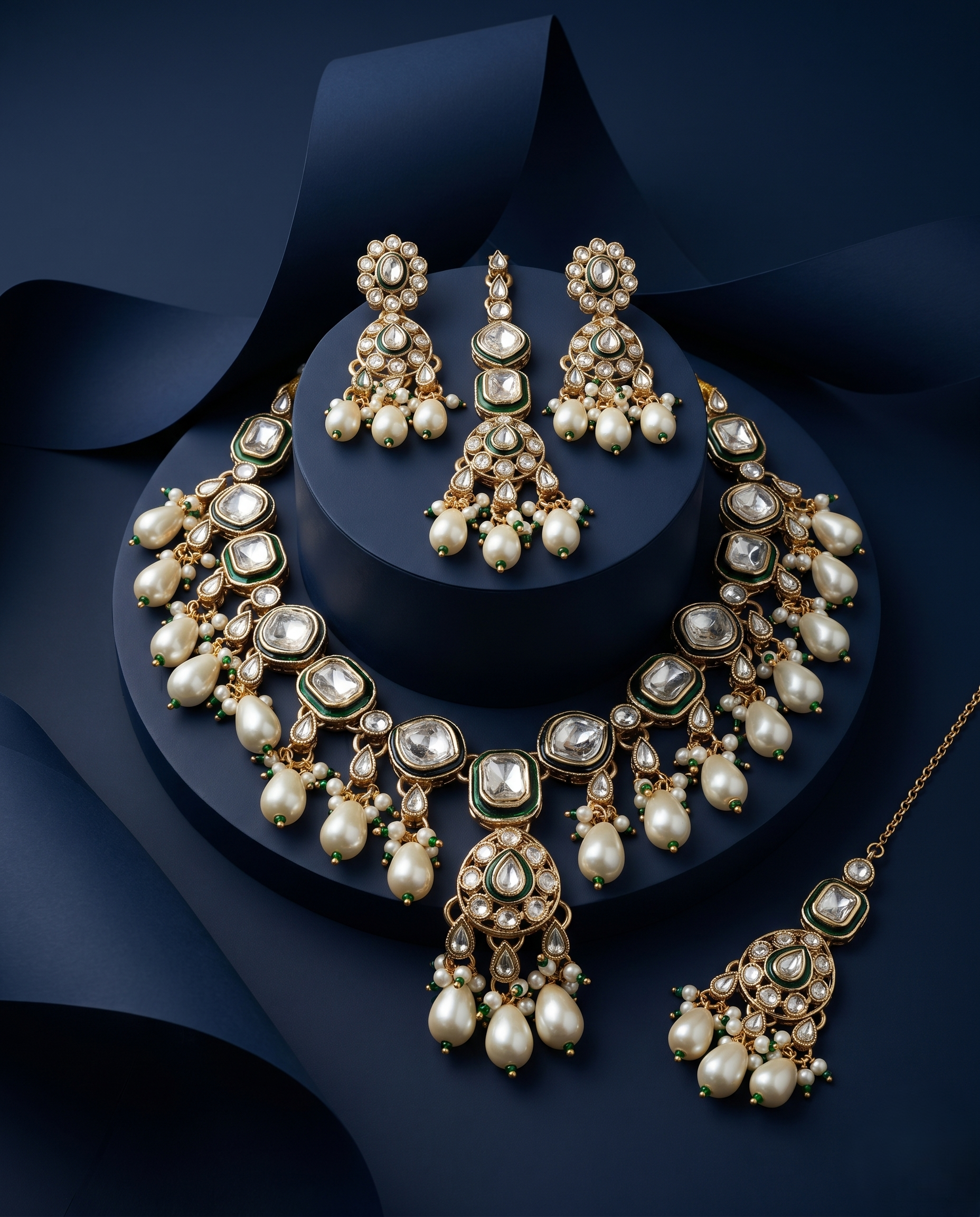 Polki Kundan Necklace Set with Pearl Drops & Matching Earrings – Traditional Design blue background 
