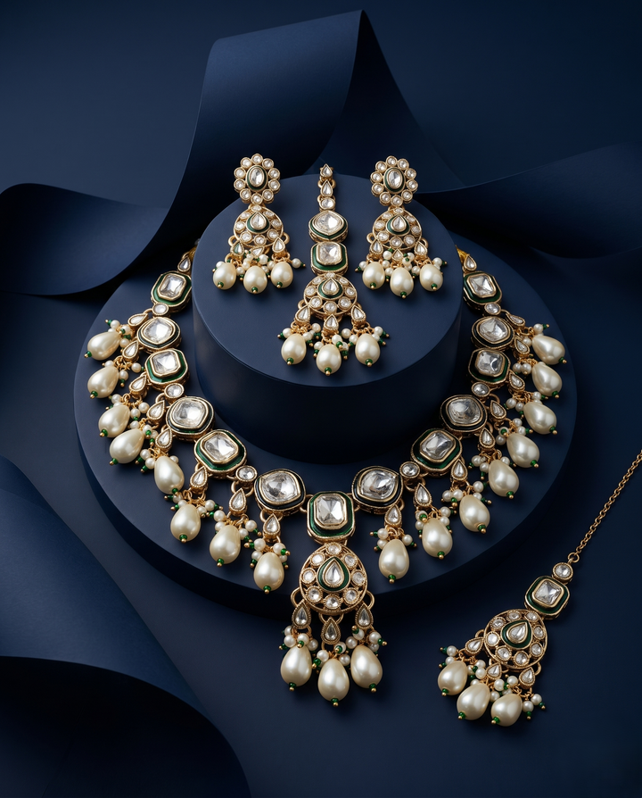 Polki Kundan Necklace Set with Pearl Drops & Matching Earrings – Traditional Design blue background 
