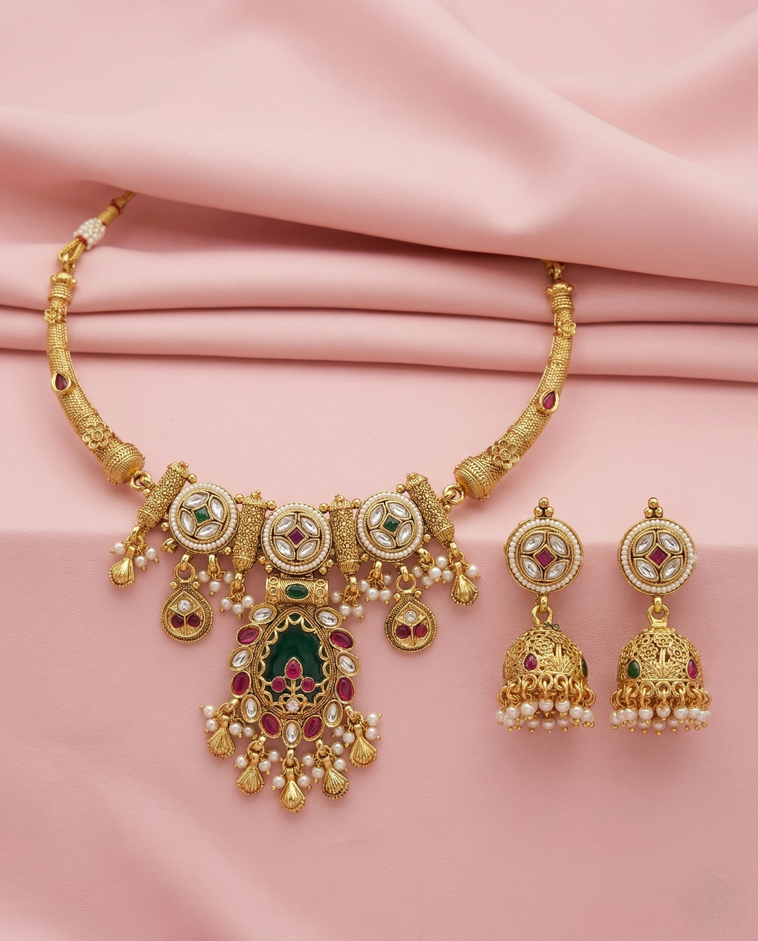 Premium Antique Finish Gold Plated Pendant Necklace Set with Green Center Design and Jhumka Earrings