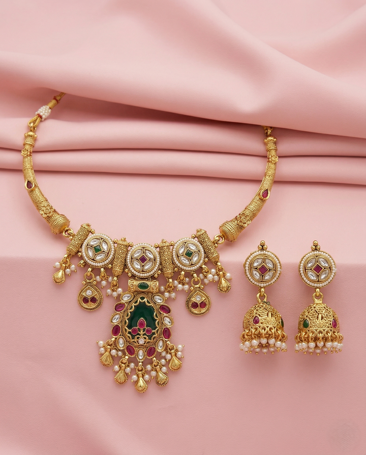 Premium Antique Finish Gold Plated Pendant Necklace Set with Green Center Design and Jhumka Earrings