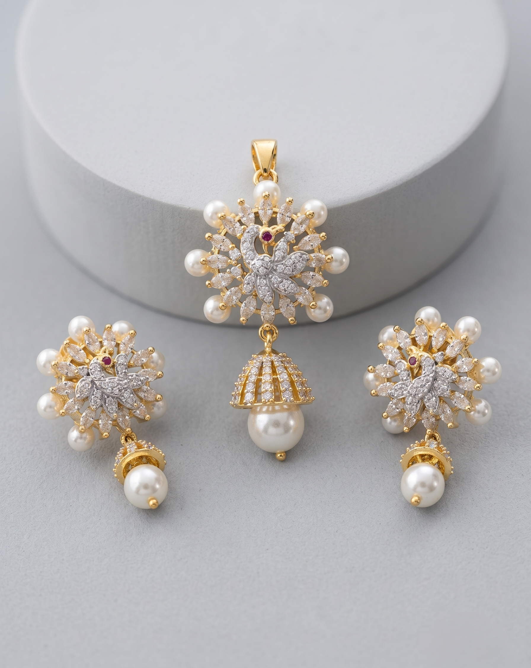 Mayurika Peacock Pearl Jhumki   Gold Tone CZ Pendant & Earrings