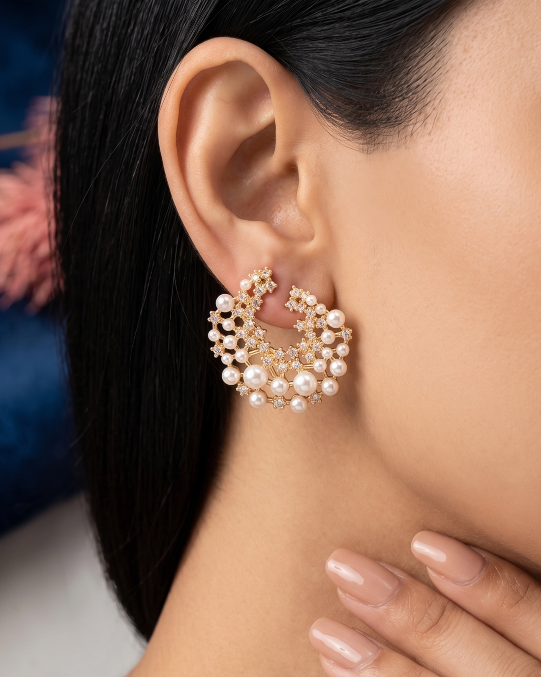 Inaya Pearl Crescent Stud Earrings
