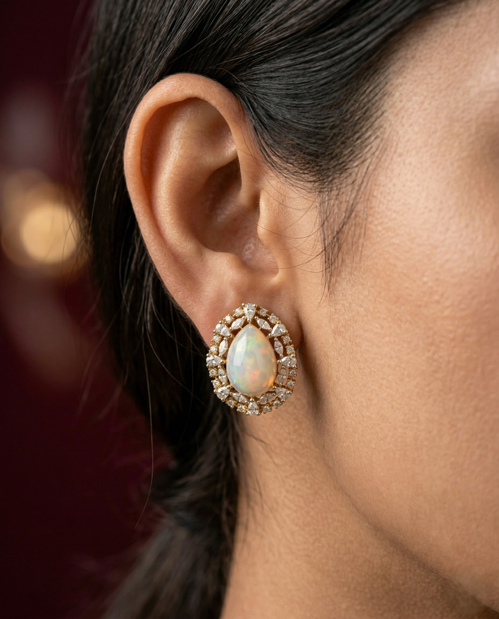 Aurielle Glow Studs – Oval Opal Stone Diamond Halo Earrings in Gold Finish