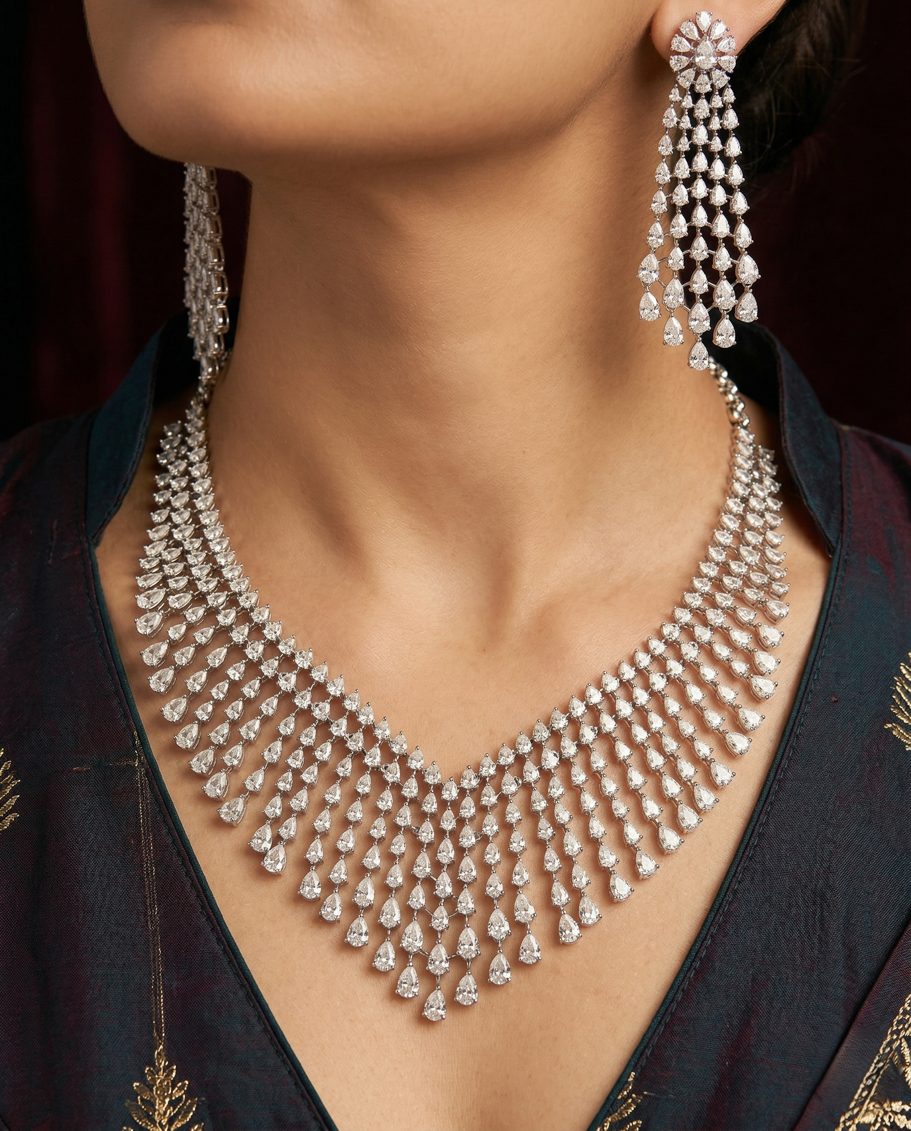 Luxury Diamond Waterfall Bridal Necklace Set with Long Drop Earrings