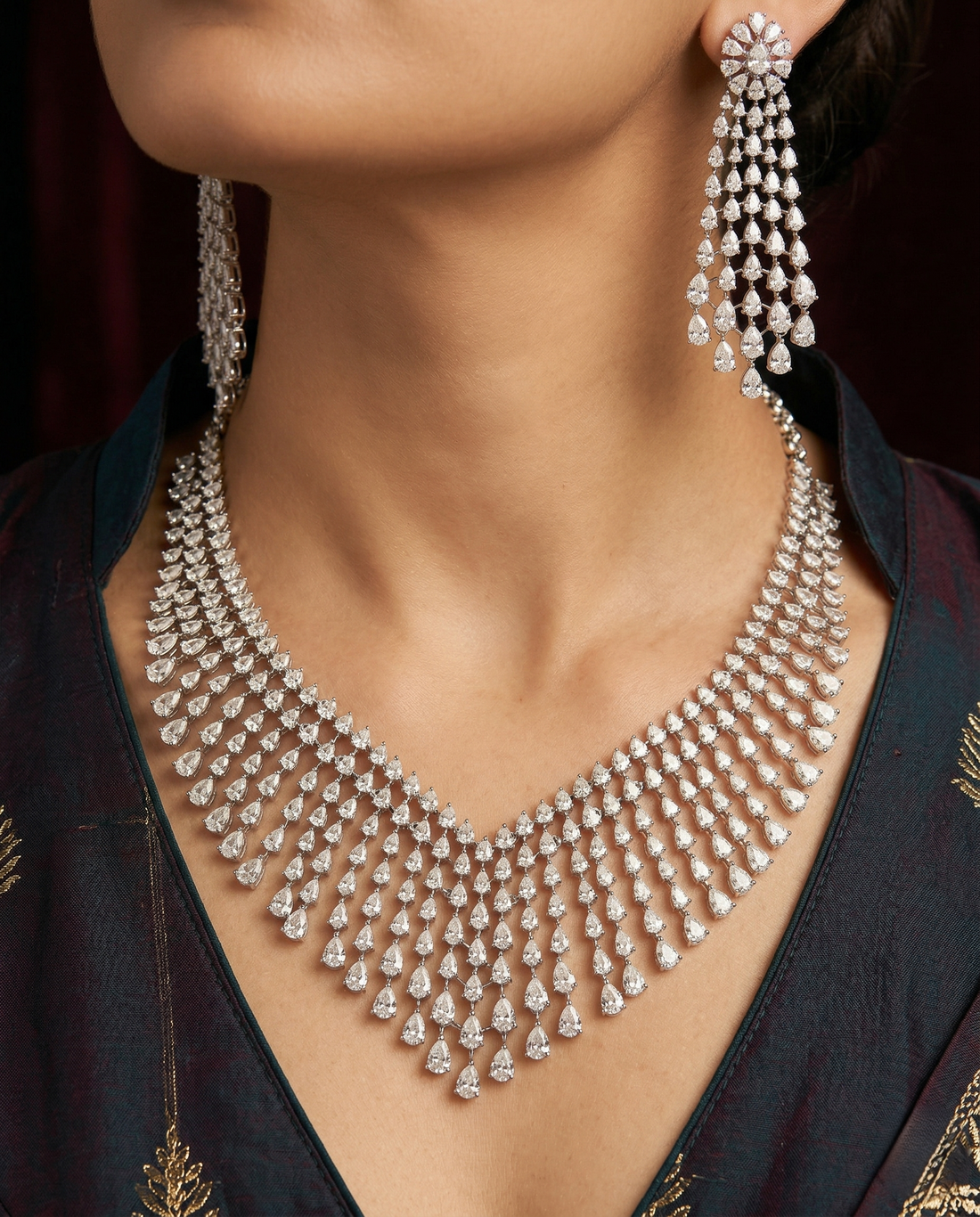 Luxury Diamond Waterfall Bridal Necklace Set with Long Drop Earrings