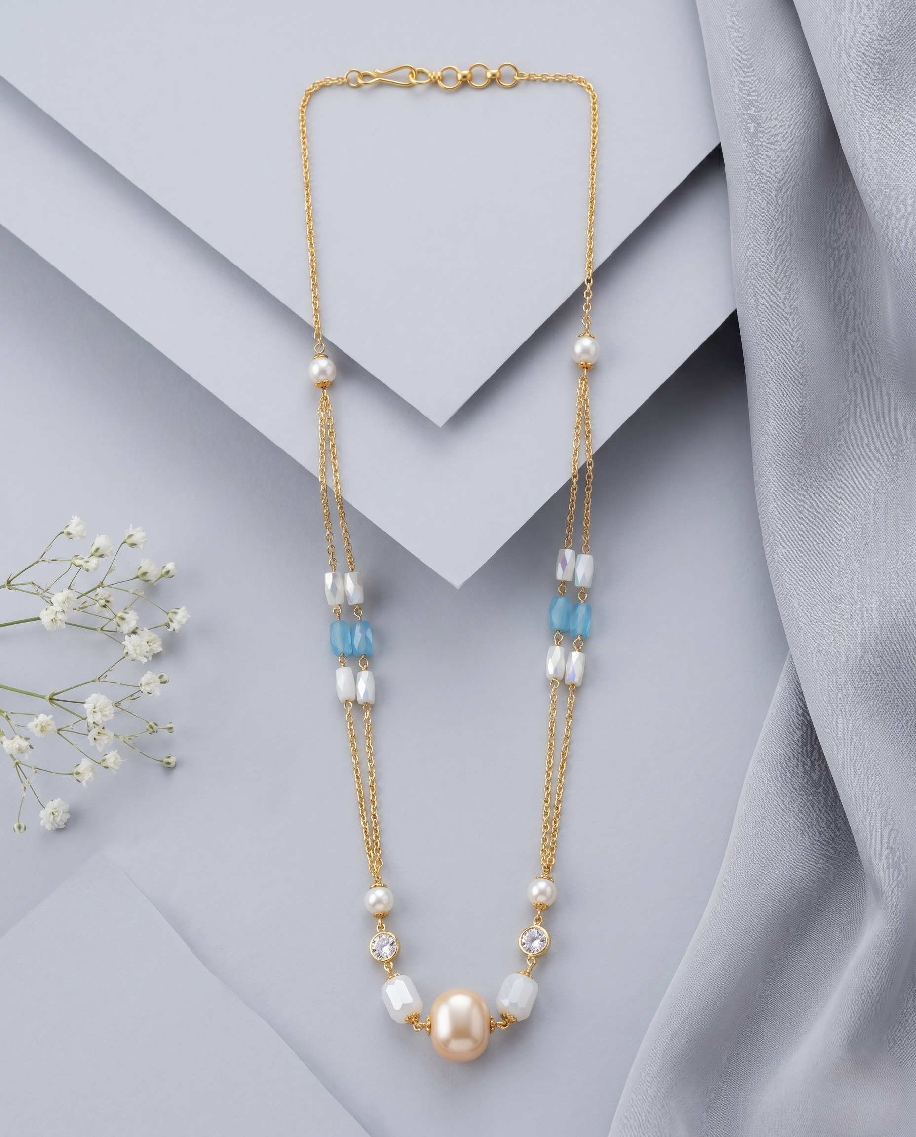 Handmade Golden Baroque Pearl, Opal Crystal & CZ Stone Mala Necklace Set with Matching Faceted Opal Crystal Earrings