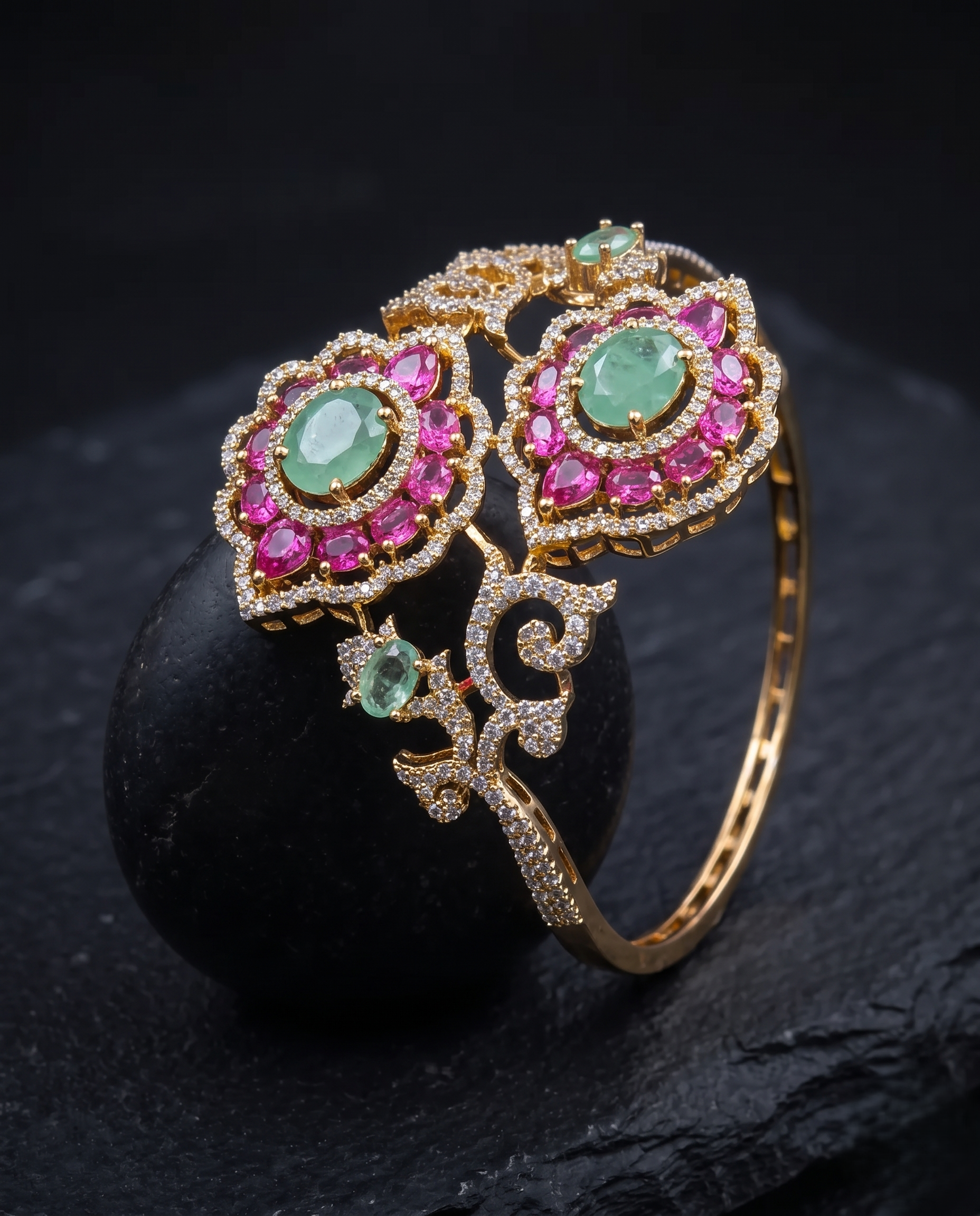 Vanya Emerald Bloom Open Cuff Kada | Gold Plated CZ Floral Bracelet for Women