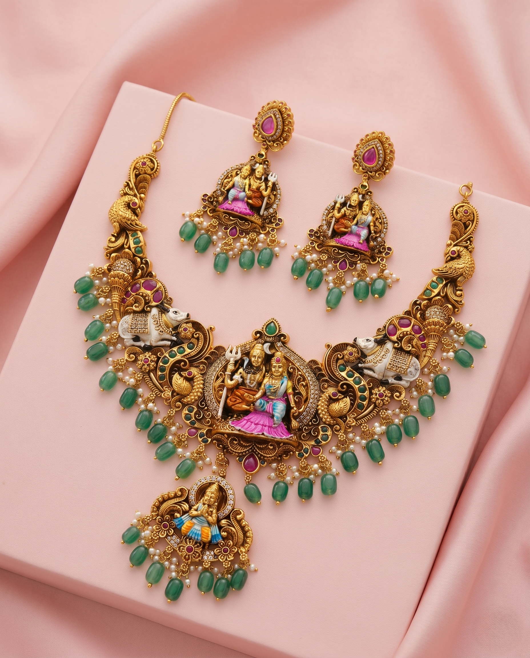 Antique Shiv Parvati Temple Necklace Set with Nandi Motif & Green Drops