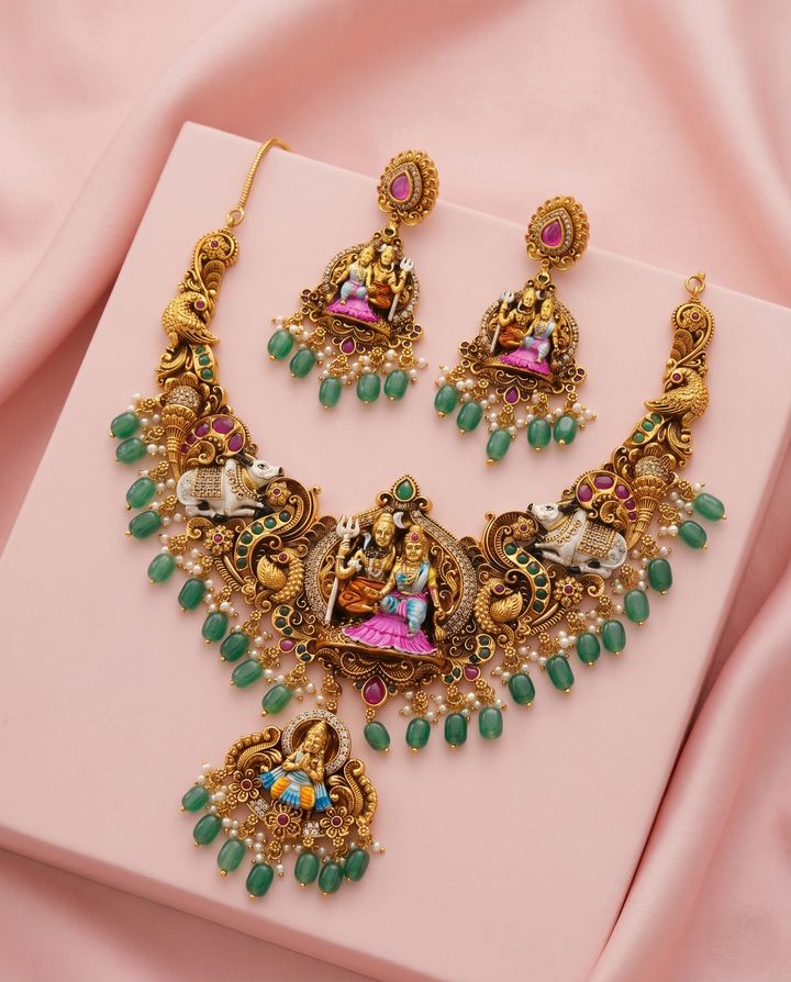 Antique Shiv Parvati Temple Necklace Set with Nandi Motif & Green Drops