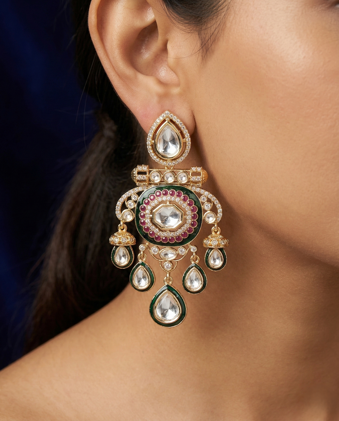 Premium Kundan Meenakari Chandbali Earrings Gold Finish