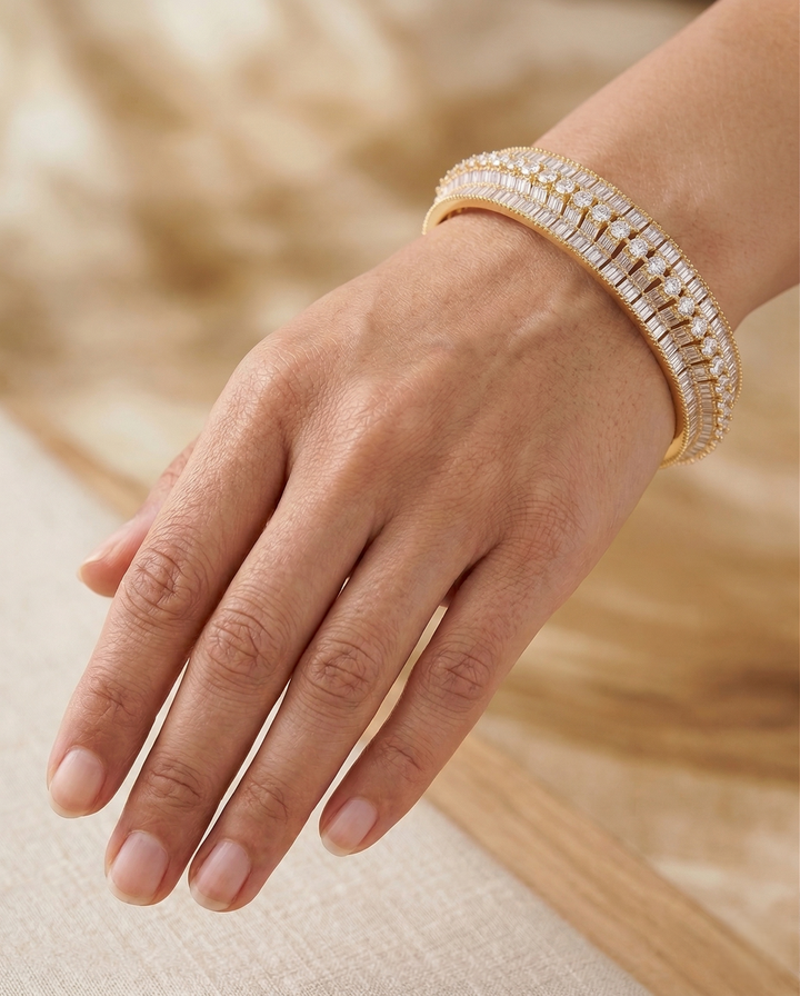 Openable Premium Baguette & Round Diamond Look Bracelet in Gold Tone