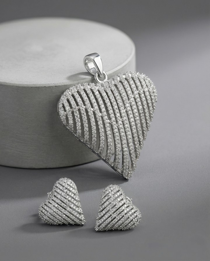 Premium Sparkle Heart Designer Pendant Set in Silver Tone