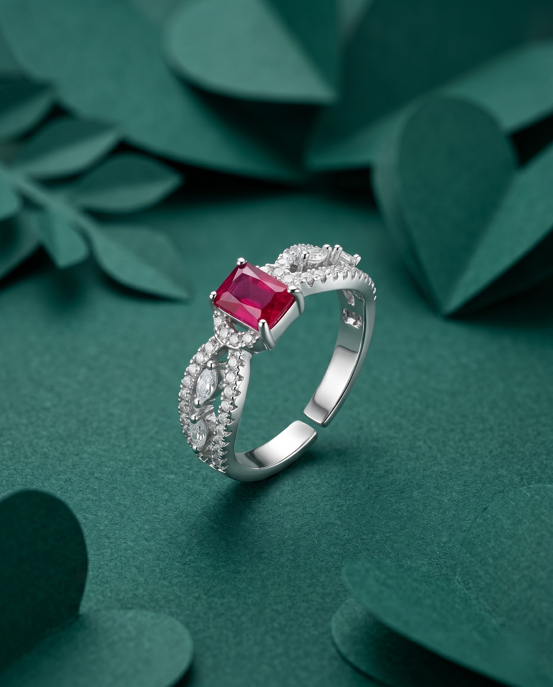 Emerald Cut Diamond Look Ring Silver Plated Adjustable – Red / Green / White Stone