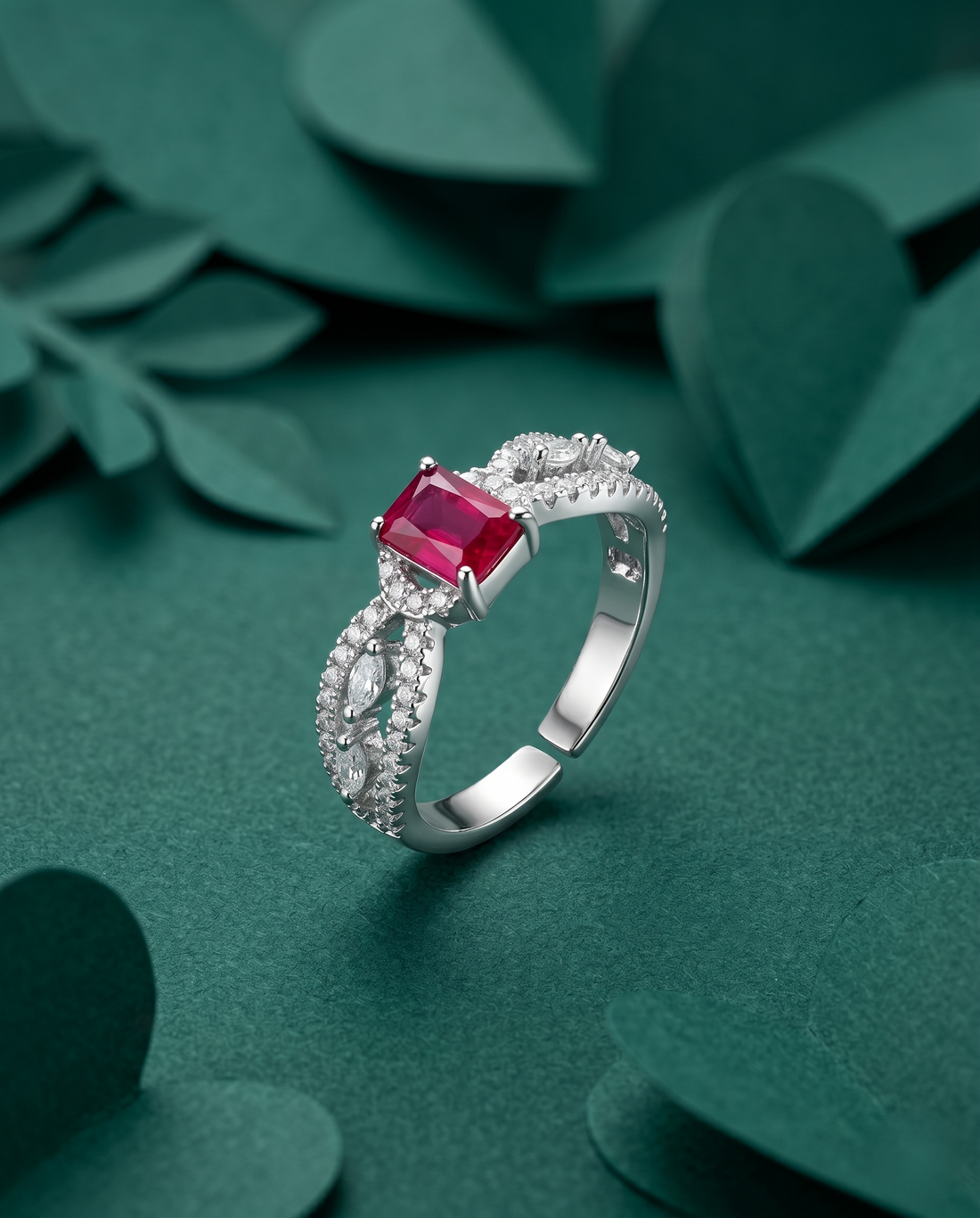 Emerald Cut Diamond Look Ring Silver Plated Adjustable – Red / Green / White Stone