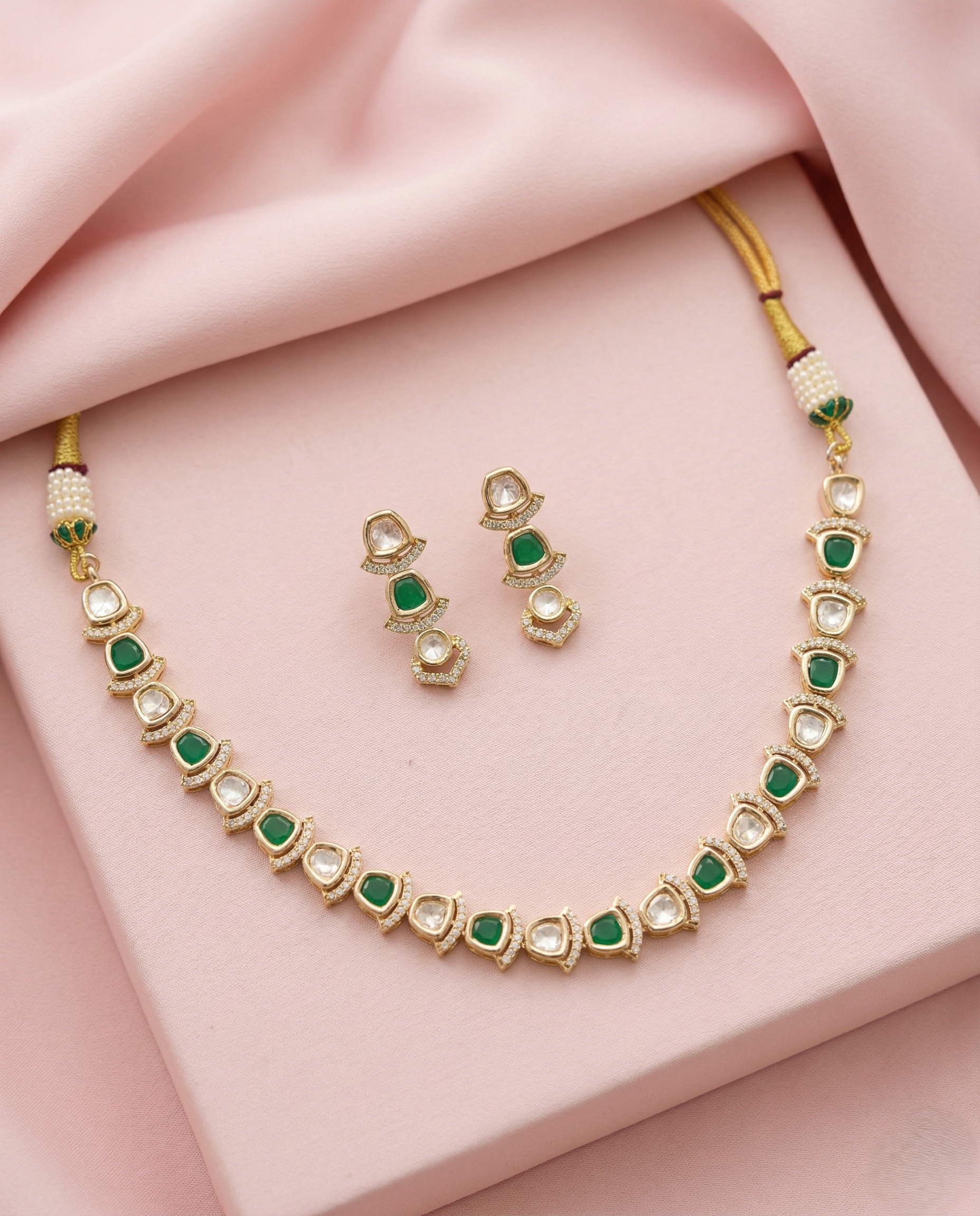 Elegant Kundan Short Necklace Set White Green Pink Detailing Real Gold Tone with Earrings