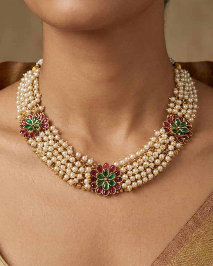 Antique Gold Floral Beaded Necklace Set with Ruby Green Stones and Matching Earrings - 2 variant