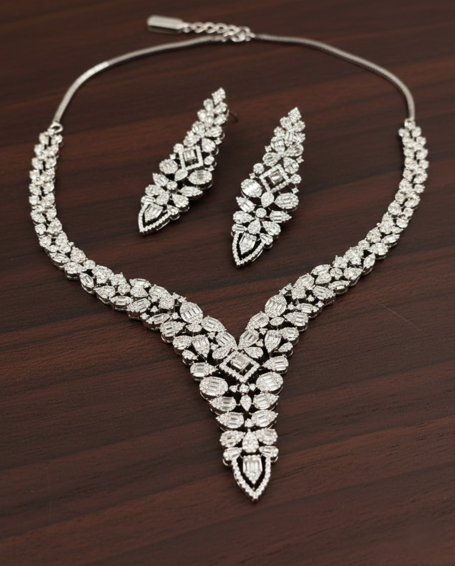 Diamond Look Geometric Drop Necklace Set with Matching Earrings – Silver Finish
