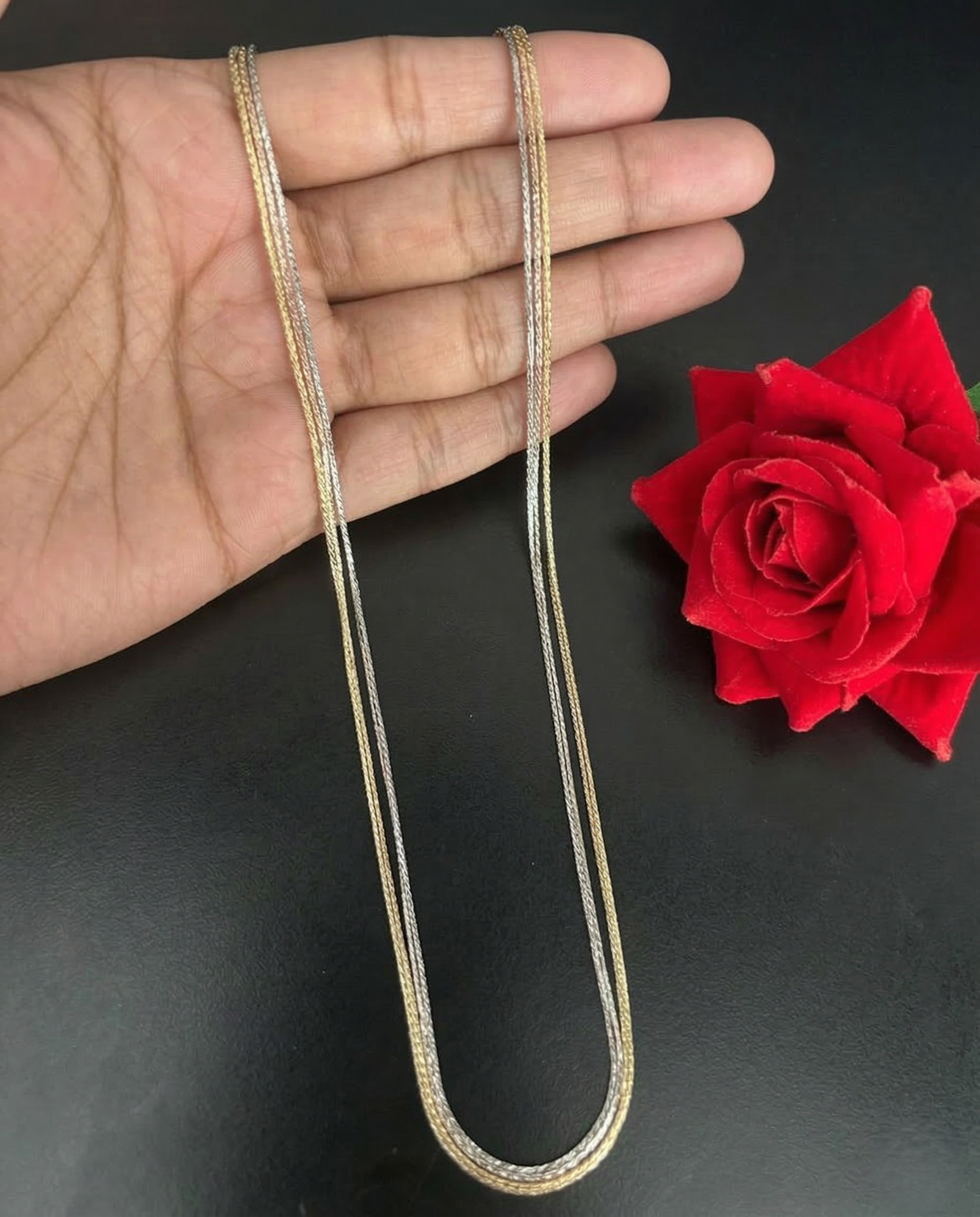 Three Tone Layered Chain Necklace | Gold Silver Rose Braided Long Chain for Women