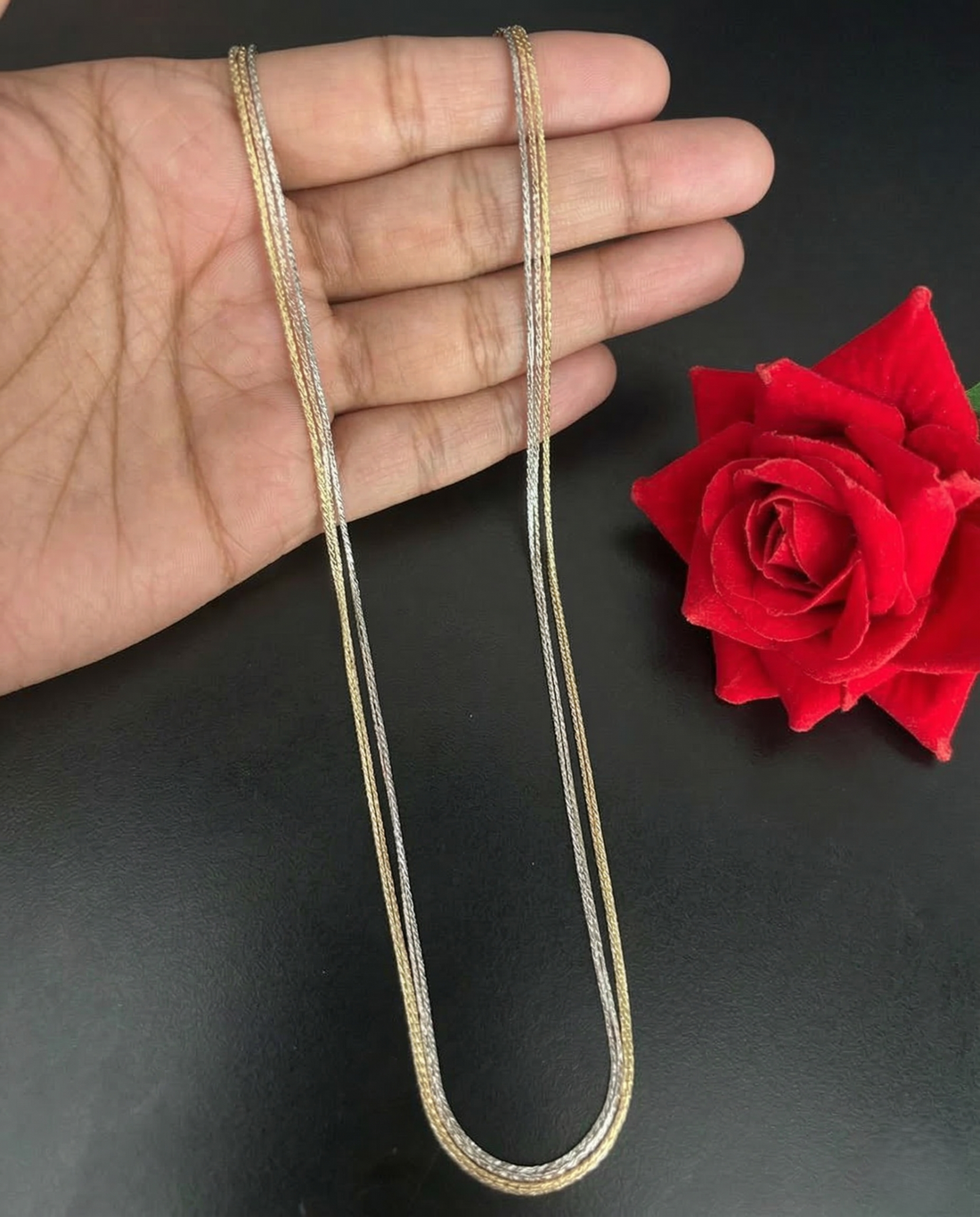 Three Tone Layered Chain Necklace | Gold Silver Rose Braided Long Chain for Women