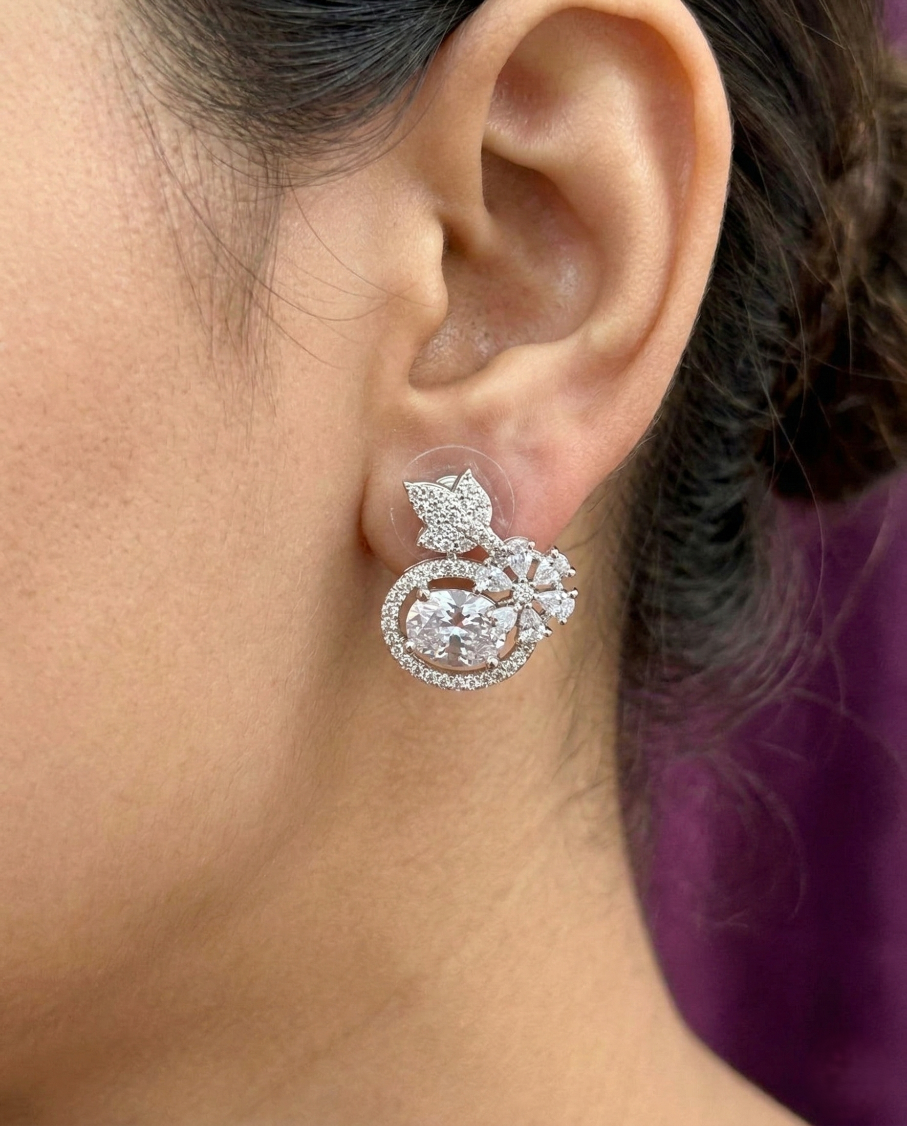 Butterfly Floral CZ Designer Stud Earrings – Silver Finish | 10 Colour Variants