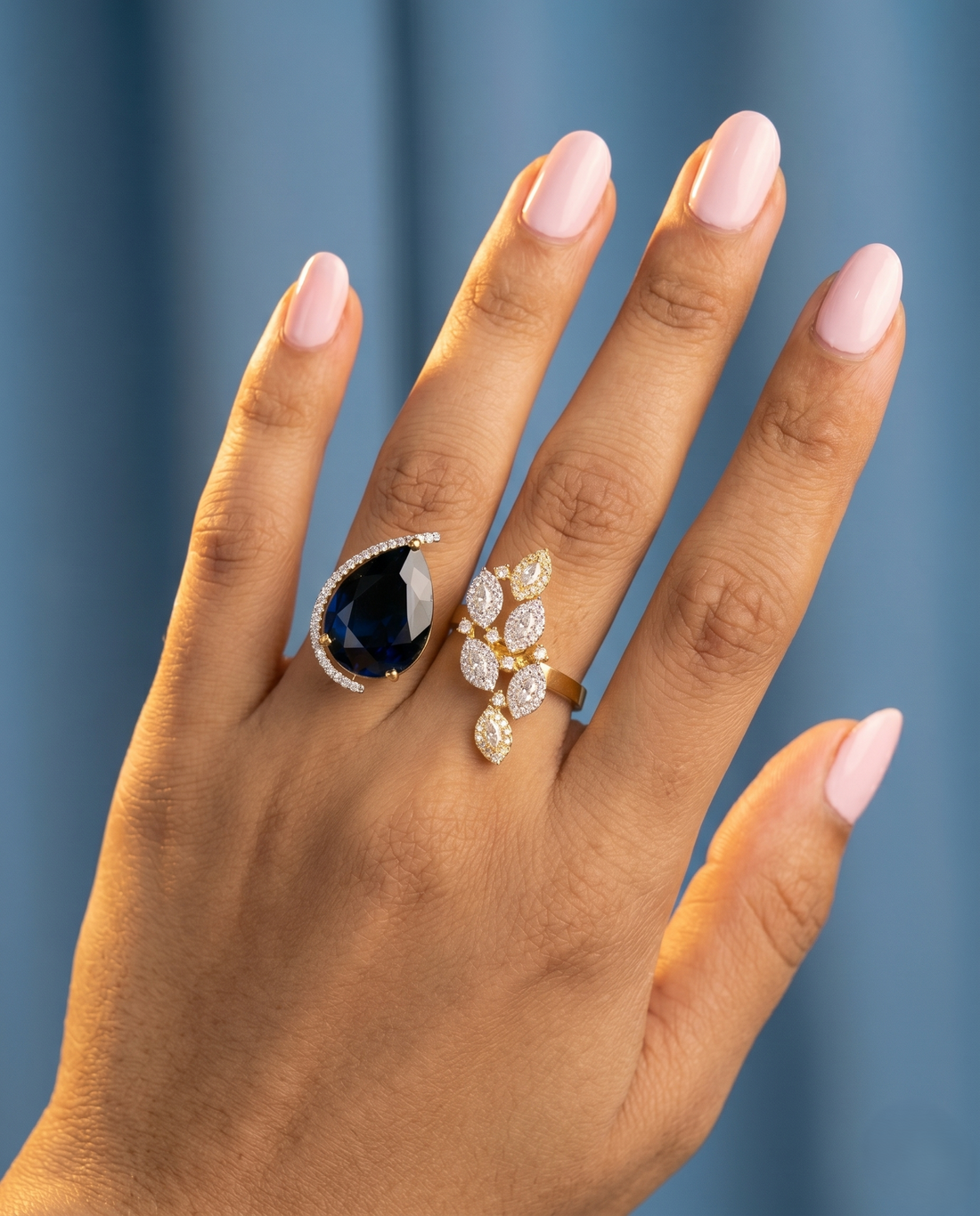 Dual Elegance Adjustable Ring – Statement Stone & Diamond Cluster | Fit for All Fingers