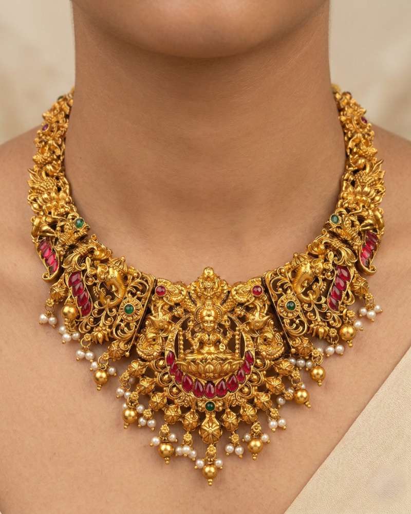 Antique Gold Lakshmi Temple Necklace Set with Ruby Stones and Jhumka Earrings