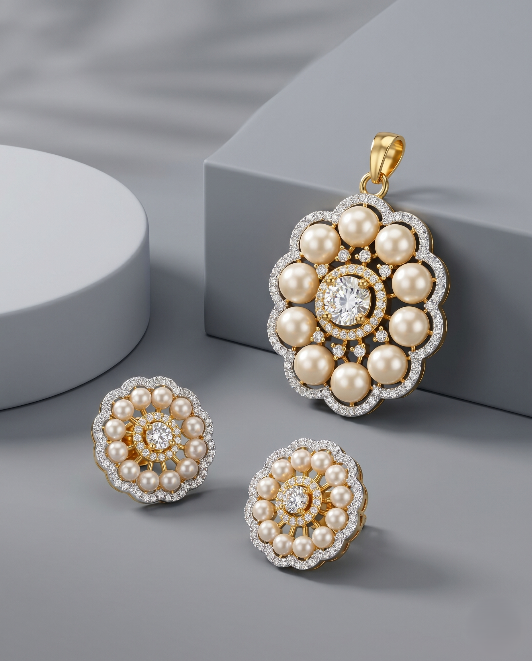 Pearléa American Diamond Pearl Pendant Set