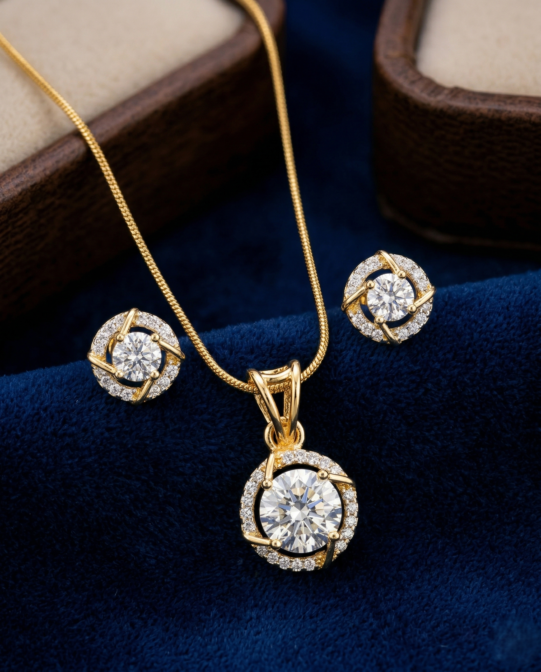Premium Solitaire Sparkle Pendant Set with Chain & Earrings (Gold / Silver Finish)