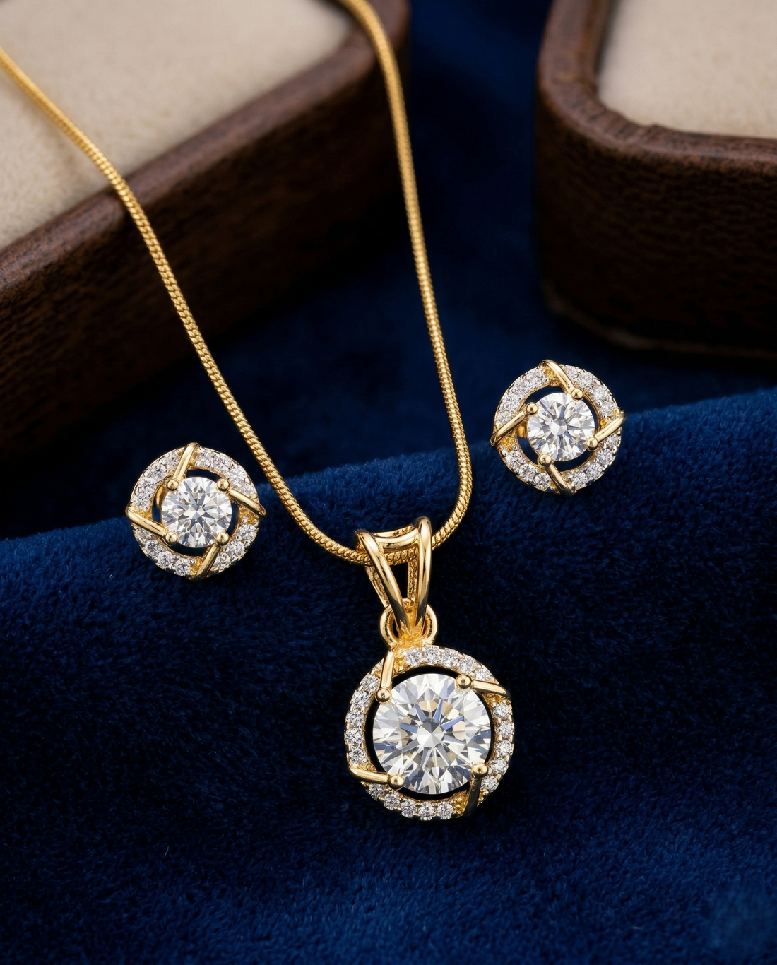 Premium Solitaire Sparkle Pendant Set with Chain & Earrings (Gold / Silver Finish)