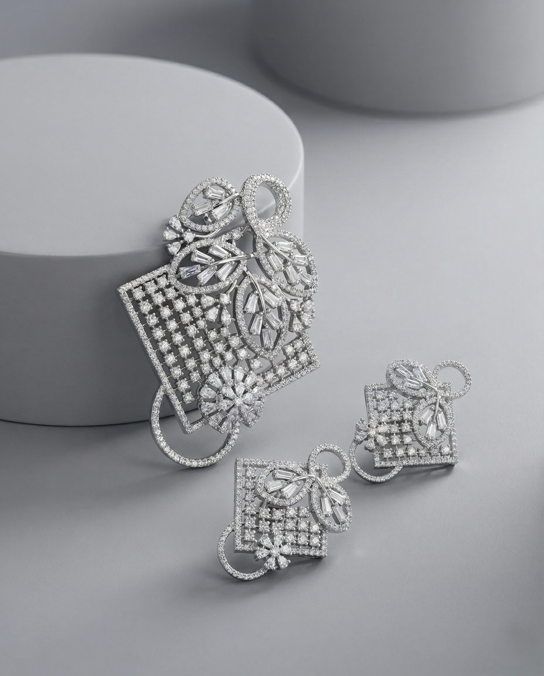 Premium Sparkle Square Designer Pendant Set in Silver Tone
