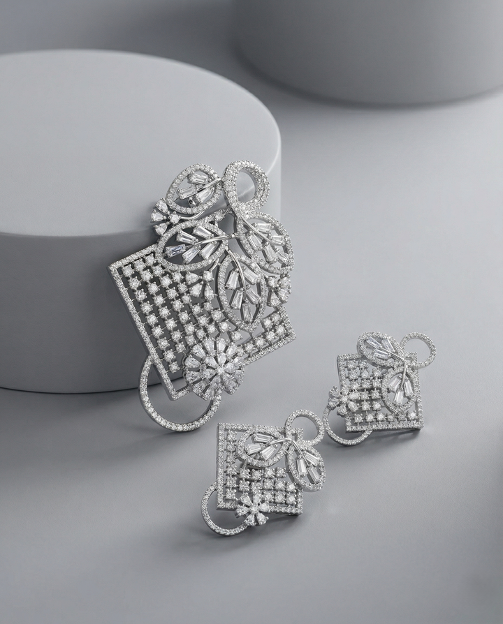 Premium Sparkle Square Designer Pendant Set in Silver Tone