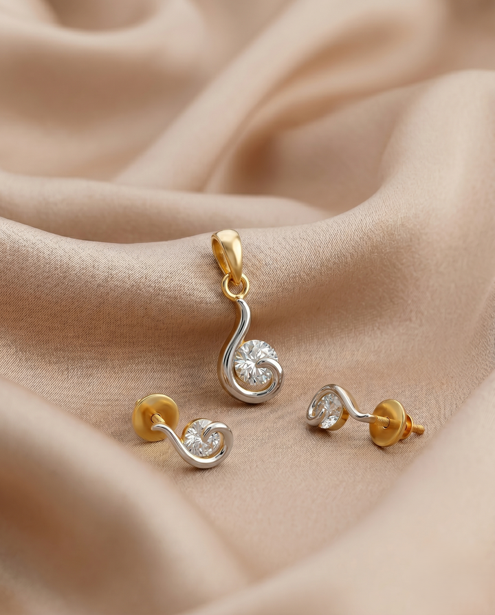 Premium Sparkle Dual Tone Diamond Swirl Pendant with Chain & Matching Earrings